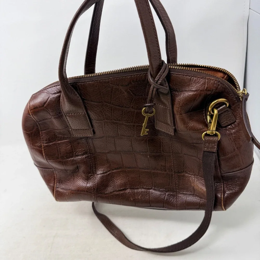 Vintage Fossil Satchel Brown Medium Croco Embossed Leather Crossbody Bag